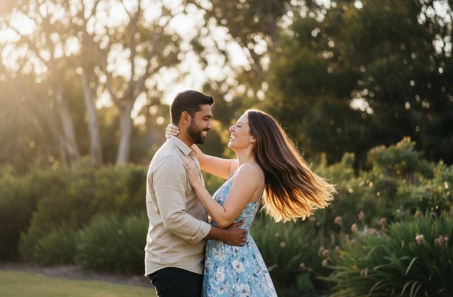 An epic moment captured during romantic Park Orchards engagement photography Victoria, featuring a couple embracing under the golden hour light, surrounded by the lush, native Australian bushland of Park Orchards, with a dramatic lens flare adding to the cinematic feel.