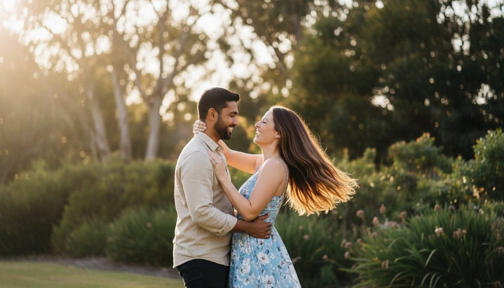 An epic moment captured during romantic Park Orchards engagement photography Victoria, featuring a couple embracing under the golden hour light, surrounded by the lush, native Australian bushland of Park Orchards, with a dramatic lens flare adding to the cinematic feel.