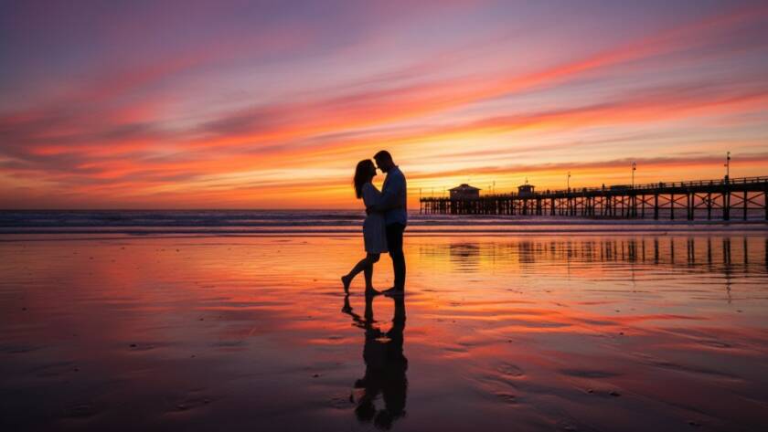 A couple shares a tender kiss on Parkdale Beach, silhouetted against a dramatic orange and pink sunset, capturing romantic Parkdale Beach engagement photos at sunset with cinematic flair.