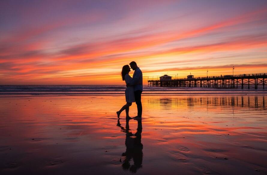 A couple shares a tender kiss on Parkdale Beach, silhouetted against a dramatic orange and pink sunset, capturing romantic Parkdale Beach engagement photos at sunset with cinematic flair.