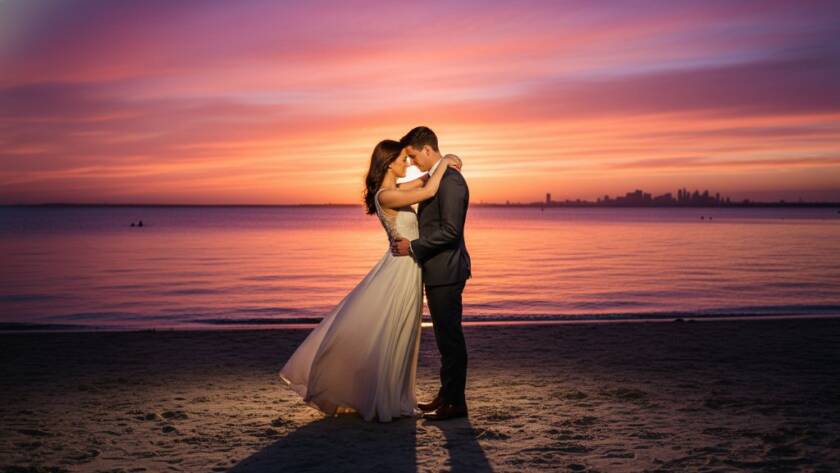 A couple shares a tender, dramatic kiss on Parkdale beach at sunset, silhouetted against a vibrant orange sky, capturing their Romantic Parkdale Beach Pre-Wedding Photoshoot Melbourne with breathtaking professional lighting.