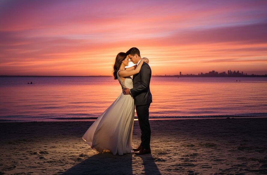 A couple shares a tender, dramatic kiss on Parkdale beach at sunset, silhouetted against a vibrant orange sky, capturing their Romantic Parkdale Beach Pre-Wedding Photoshoot Melbourne with breathtaking professional lighting.