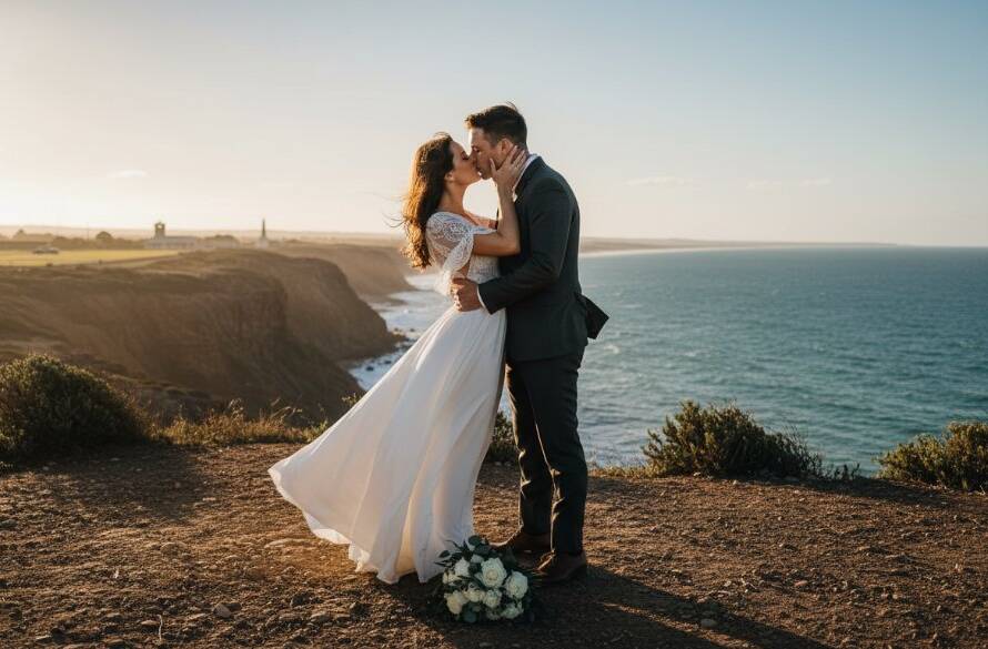 A newlywed couple sharing a tender kiss at sunset, with the dramatic Point Cook Coastal Park coastline and historic RAAF Point Cook base in the background, captured as romantic Point Cook Coastal Park wedding photos.