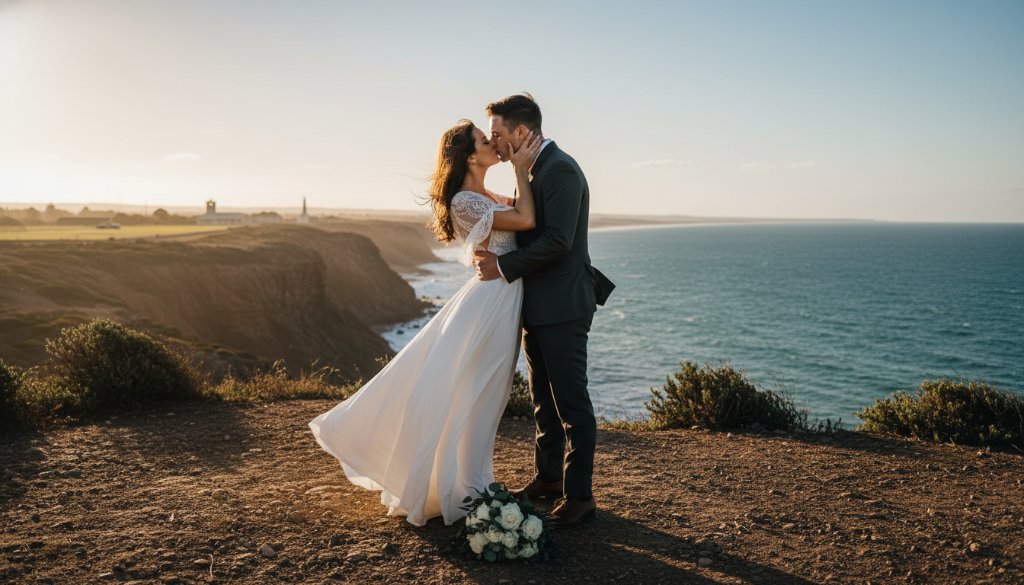 A newlywed couple sharing a tender kiss at sunset, with the dramatic Point Cook Coastal Park coastline and historic RAAF Point Cook base in the background, captured as romantic Point Cook Coastal Park wedding photos.