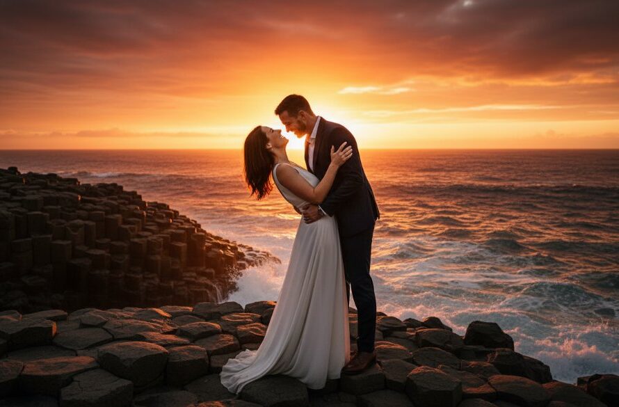 An epic moment captured during a romantic Portland pre-wedding photoshoot, featuring a couple embracing dramatically on a rugged clifftop overlooking the Southern Ocean at sunset, with golden light illuminating the scene.