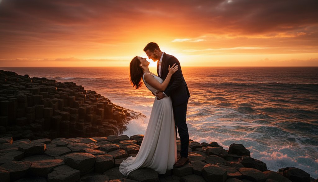 An epic moment captured during a romantic Portland pre-wedding photoshoot, featuring a couple embracing dramatically on a rugged clifftop overlooking the Southern Ocean at sunset, with golden light illuminating the scene.