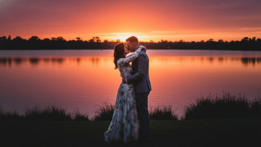 An epic moment captured during romantic pre-wedding photography in Alfredton, Victoria, featuring a couple embracing passionately under a dramatic, sunset-lit sky near the tranquil shores of Lake Wendouree, showcasing the breathtaking Australian landscape.