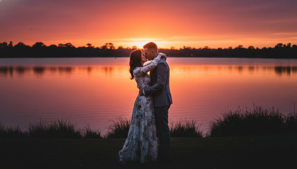 An epic moment captured during romantic pre-wedding photography in Alfredton, Victoria, featuring a couple embracing passionately under a dramatic, sunset-lit sky near the tranquil shores of Lake Wendouree, showcasing the breathtaking Australian landscape.