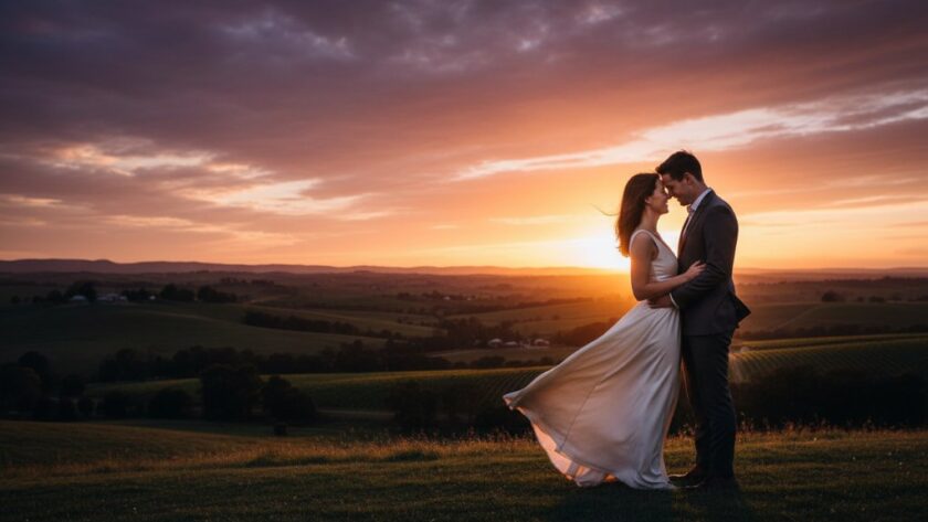 An epic moment of romantic pre-wedding photography Ararat Victoria, featuring a couple embracing passionately at sunset on a scenic hill overlooking the picturesque countryside, with dramatic golden hour lighting and a clear, emotive connection.