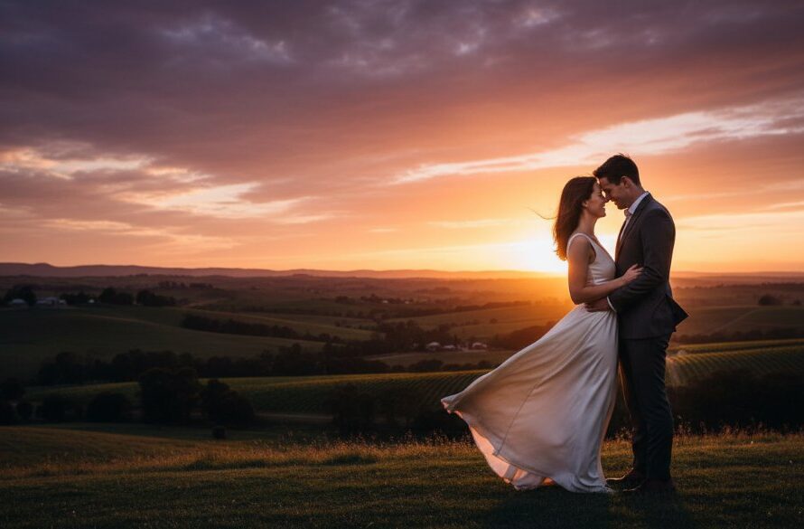 An epic moment of romantic pre-wedding photography Ararat Victoria, featuring a couple embracing passionately at sunset on a scenic hill overlooking the picturesque countryside, with dramatic golden hour lighting and a clear, emotive connection.