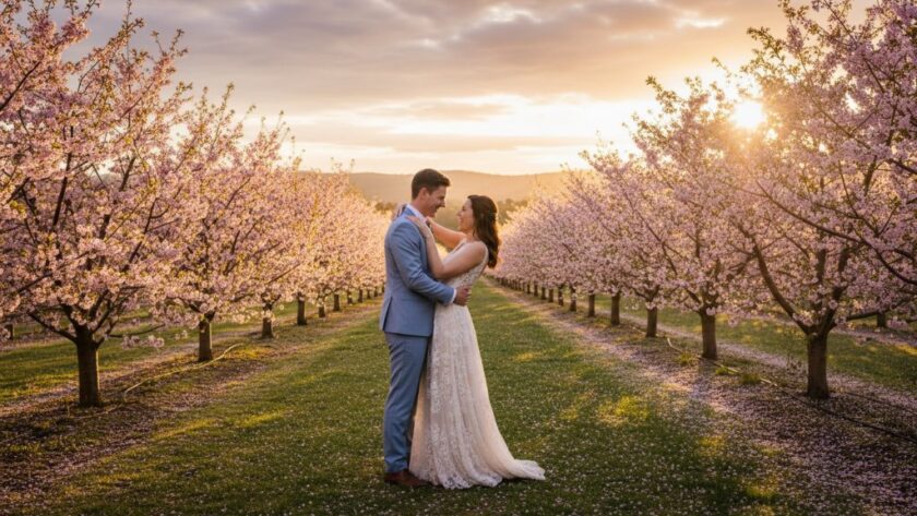 A couple embracing passionately amidst a vibrant cherry orchard at sunset in Bacchus Marsh, sun flare catching their joyful expressions, capturing a truly romantic pre-wedding photography Bacchus Marsh orchards epic moment.