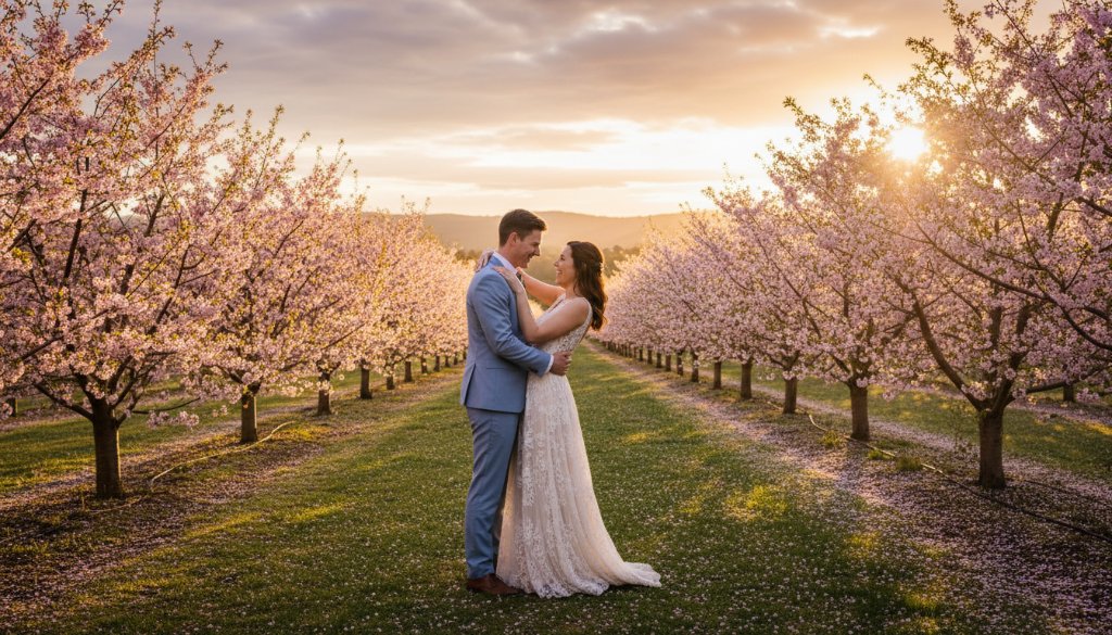 A couple embracing passionately amidst a vibrant cherry orchard at sunset in Bacchus Marsh, sun flare catching their joyful expressions, capturing a truly romantic pre-wedding photography Bacchus Marsh orchards epic moment.