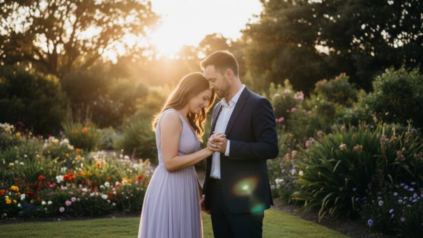 A couple sharing a tender, dramatic kiss under a canopy of flowering trees in Boronia Gardens, illuminated by a warm, golden hour glow, captured with professional romantic pre-wedding photography Boronia Gardens.