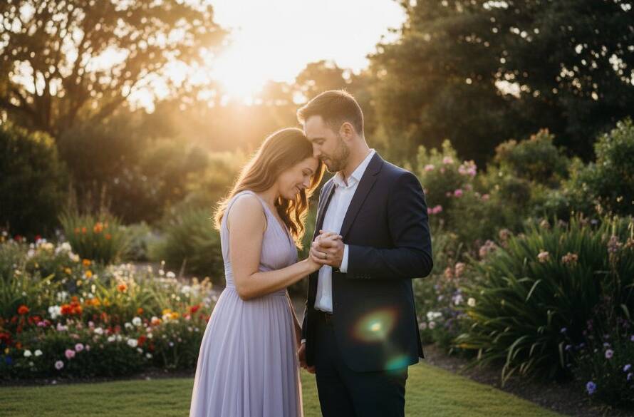 A couple sharing a tender, dramatic kiss under a canopy of flowering trees in Boronia Gardens, illuminated by a warm, golden hour glow, captured with professional romantic pre-wedding photography Boronia Gardens.