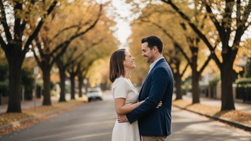 A stunning, cinematic 'epic moment' photograph capturing a couple embracing amidst the vibrant, tree-lined streets of Carnegie, Victoria, showcasing their romantic pre-wedding photography Carnegie Victoria session at golden hour, with soft, dramatic backlighting highlighting their silhouette and genuine joy.