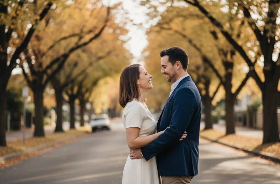 A stunning, cinematic 'epic moment' photograph capturing a couple embracing amidst the vibrant, tree-lined streets of Carnegie, Victoria, showcasing their romantic pre-wedding photography Carnegie Victoria session at golden hour, with soft, dramatic backlighting highlighting their silhouette and genuine joy.