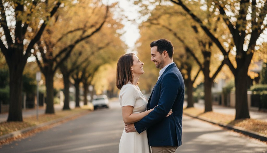 A stunning, cinematic 'epic moment' photograph capturing a couple embracing amidst the vibrant, tree-lined streets of Carnegie, Victoria, showcasing their romantic pre-wedding photography Carnegie Victoria session at golden hour, with soft, dramatic backlighting highlighting their silhouette and genuine joy.
