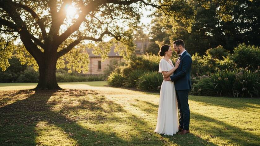 An epic moment capture of a couple sharing a tender embrace amidst the golden hour glow in Caulfield Park, showcasing the beauty of Romantic Pre-Wedding Photography Caulfield North Gardens with dramatic lighting and professional colour grading.