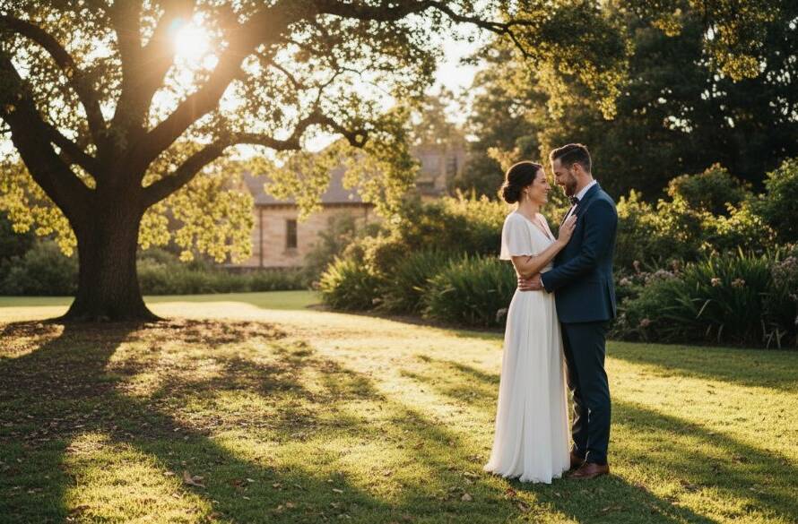 An epic moment capture of a couple sharing a tender embrace amidst the golden hour glow in Caulfield Park, showcasing the beauty of Romantic Pre-Wedding Photography Caulfield North Gardens with dramatic lighting and professional colour grading.