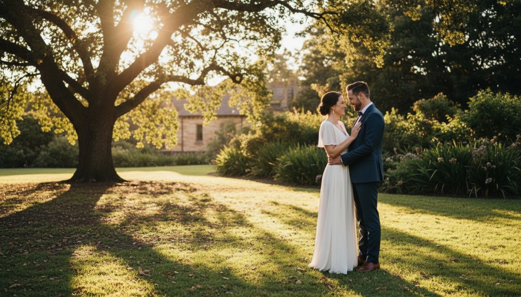 An epic moment capture of a couple sharing a tender embrace amidst the golden hour glow in Caulfield Park, showcasing the beauty of Romantic Pre-Wedding Photography Caulfield North Gardens with dramatic lighting and professional colour grading.