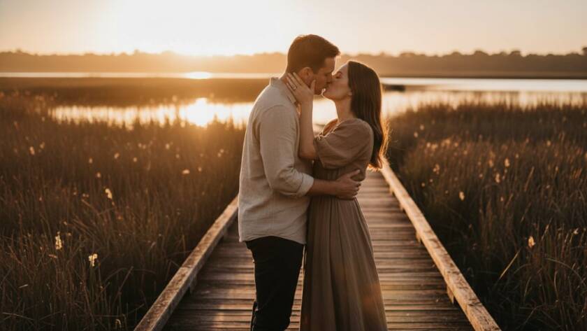 An engaged couple sharing a tender, epic moment at sunset, embraced in a golden glow amidst the serene backdrop of the Chelsea Heights wetlands, perfect for romantic pre-wedding photography Chelsea Heights wetlands.
