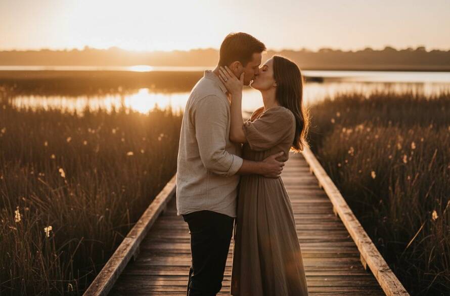 An engaged couple sharing a tender, epic moment at sunset, embraced in a golden glow amidst the serene backdrop of the Chelsea Heights wetlands, perfect for romantic pre-wedding photography Chelsea Heights wetlands.