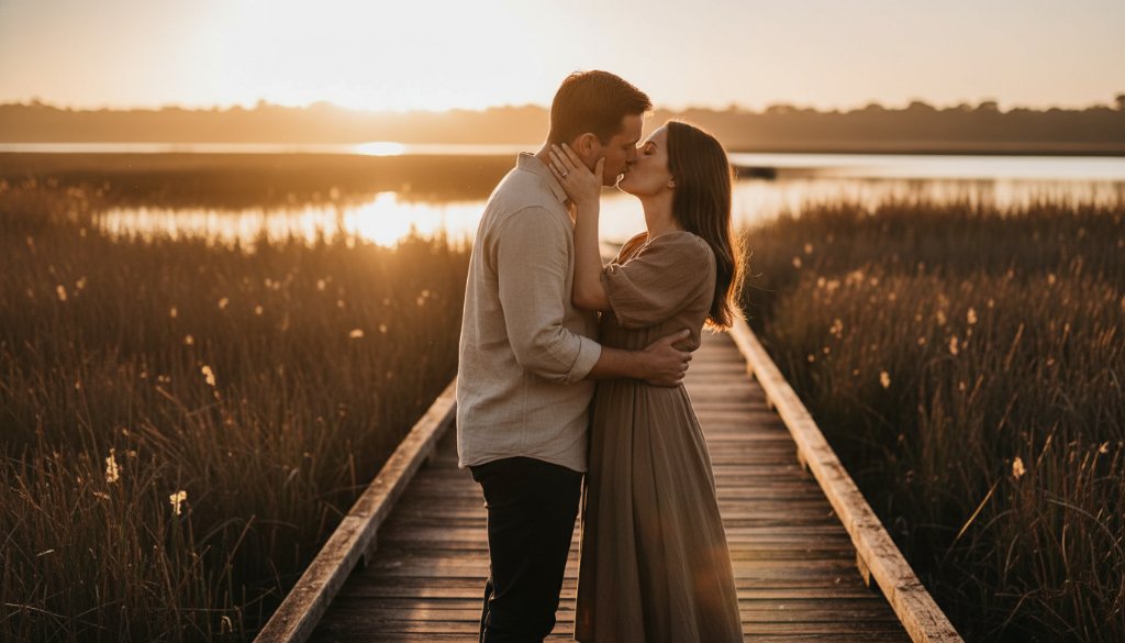 An engaged couple sharing a tender, epic moment at sunset, embraced in a golden glow amidst the serene backdrop of the Chelsea Heights wetlands, perfect for romantic pre-wedding photography Chelsea Heights wetlands.