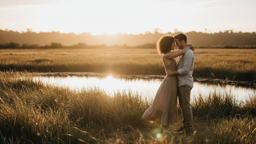 An engaged couple sharing a tender, romantic moment at sunset amidst the lush wetlands of Clayton South, Victoria, showcasing beautiful natural light pre-wedding photography.