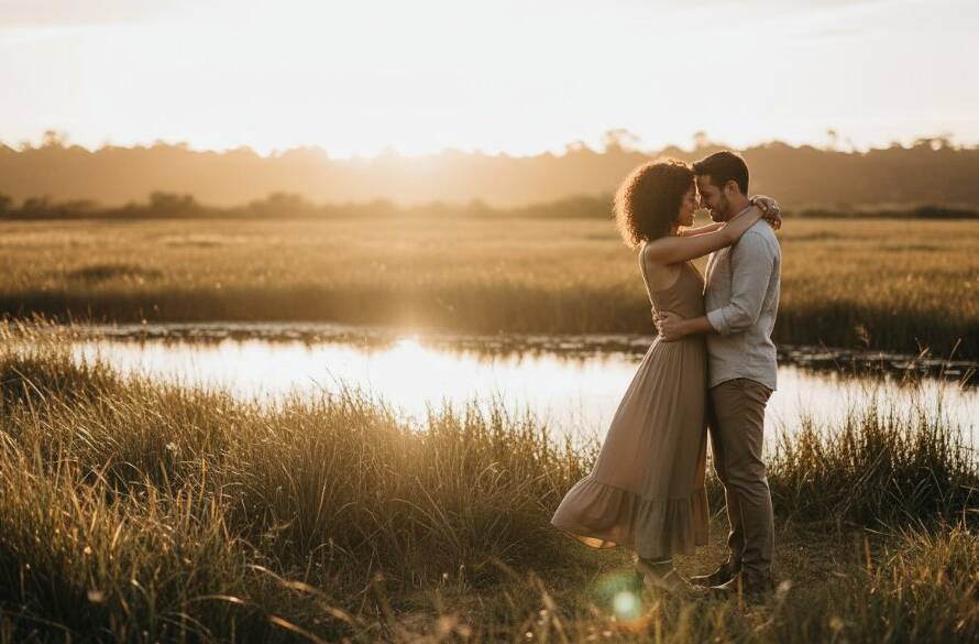 An engaged couple sharing a tender, romantic moment at sunset amidst the lush wetlands of Clayton South, Victoria, showcasing beautiful natural light pre-wedding photography.