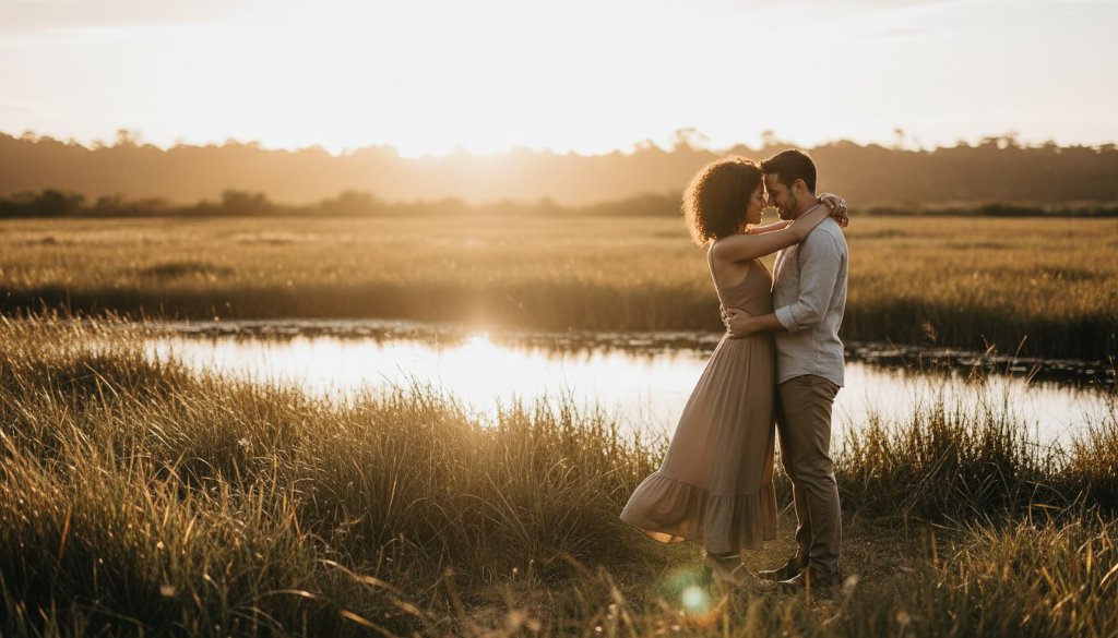 An engaged couple sharing a tender, romantic moment at sunset amidst the lush wetlands of Clayton South, Victoria, showcasing beautiful natural light pre-wedding photography.