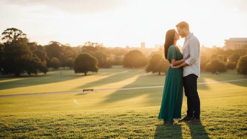 An epic moment captured during a romantic pre-wedding photography session in Clayton, Victoria. A couple stands silhouetted against a golden sunset over a scenic park in Clayton, holding hands, with dramatic lens flare and professional colour grading, showcasing their deep connection.