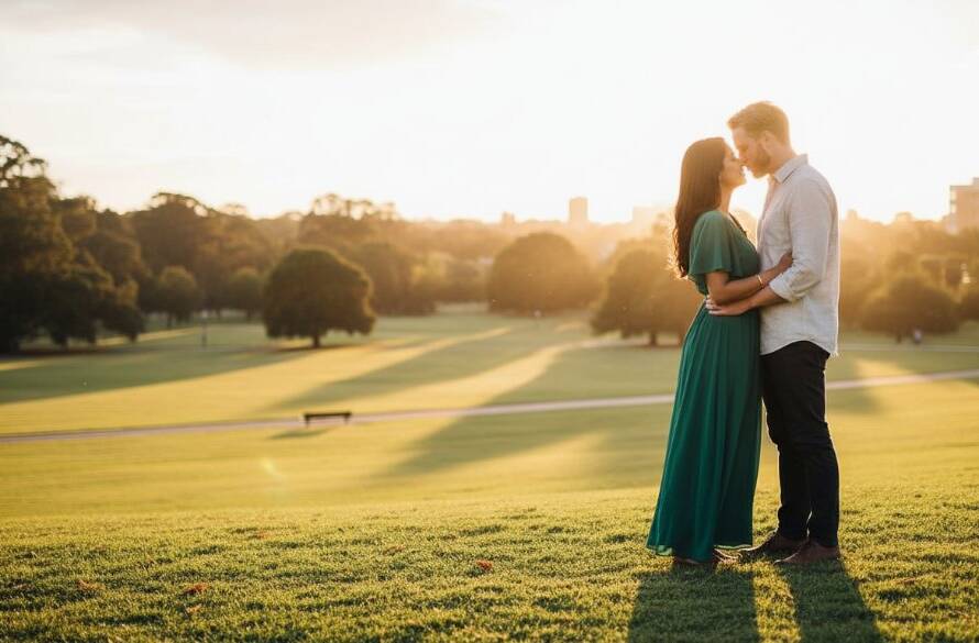 An epic moment captured during a romantic pre-wedding photography session in Clayton, Victoria. A couple stands silhouetted against a golden sunset over a scenic park in Clayton, holding hands, with dramatic lens flare and professional colour grading, showcasing their deep connection.