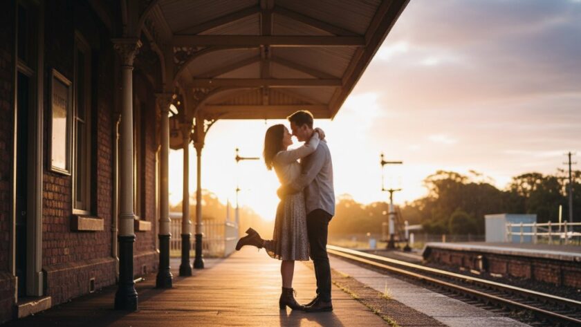 A couple sharing a tender moment amidst the vintage charm of Clunes historic railway station, bathed in golden hour light, capturing romantic pre-wedding photography Clunes historic railway station.