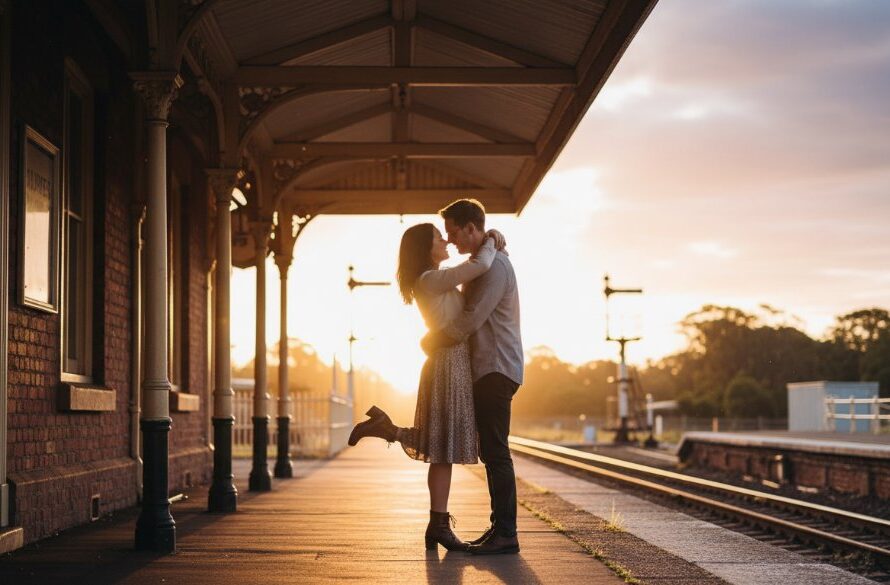 A couple sharing a tender moment amidst the vintage charm of Clunes historic railway station, bathed in golden hour light, capturing romantic pre-wedding photography Clunes historic railway station.
