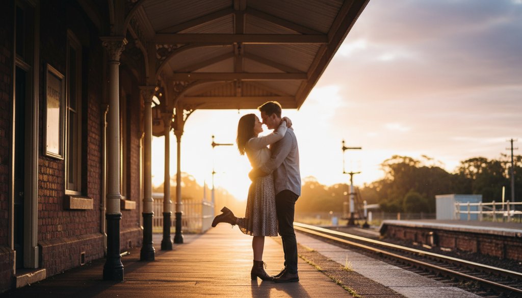 A couple sharing a tender moment amidst the vintage charm of Clunes historic railway station, bathed in golden hour light, capturing romantic pre-wedding photography Clunes historic railway station.