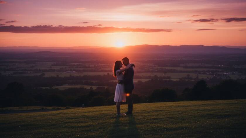 An epic moment captured in romantic pre-wedding photography in Croydon South, Victoria, featuring a couple embracing passionately at sunset with the Dandenong Ranges in the background, professional cinematic lighting.