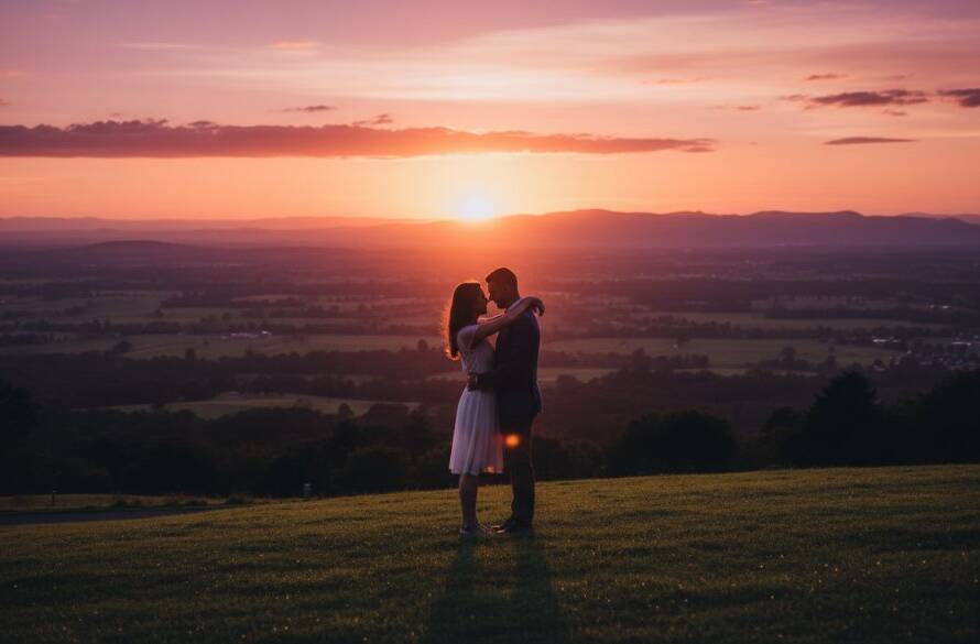 An epic moment captured in romantic pre-wedding photography in Croydon South, Victoria, featuring a couple embracing passionately at sunset with the Dandenong Ranges in the background, professional cinematic lighting.