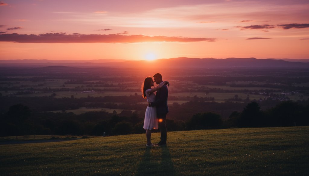 An epic moment captured in romantic pre-wedding photography in Croydon South, Victoria, featuring a couple embracing passionately at sunset with the Dandenong Ranges in the background, professional cinematic lighting.