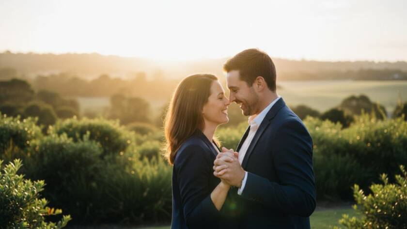 A stunning 'epic moment' photograph of a couple embracing passionately amidst the golden hour glow in Deer Park's natural parkland, featuring romantic pre-wedding photography Deer Park Victoria, with professional colour grading and dramatic backlighting highlighting their connection.