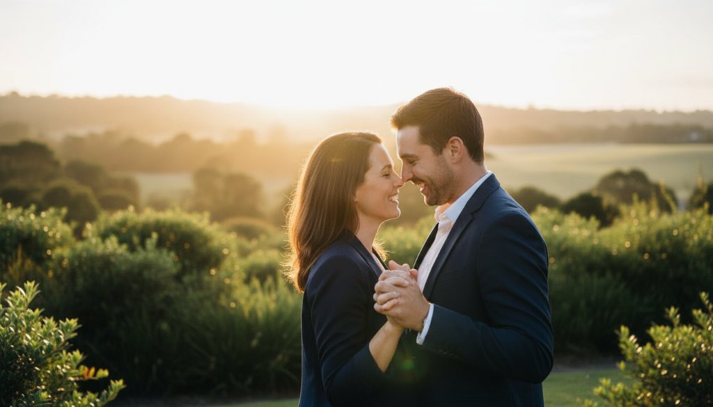 A stunning 'epic moment' photograph of a couple embracing passionately amidst the golden hour glow in Deer Park's natural parkland, featuring romantic pre-wedding photography Deer Park Victoria, with professional colour grading and dramatic backlighting highlighting their connection.