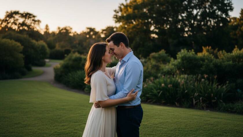A couple embraces tenderly at sunset amidst lush gardens, captured in a cinematic 'epic moment' photograph for romantic pre-wedding photography Doncaster Hillcrest Gardens.