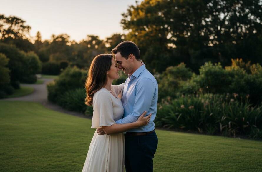 A couple embraces tenderly at sunset amidst lush gardens, captured in a cinematic 'epic moment' photograph for romantic pre-wedding photography Doncaster Hillcrest Gardens.