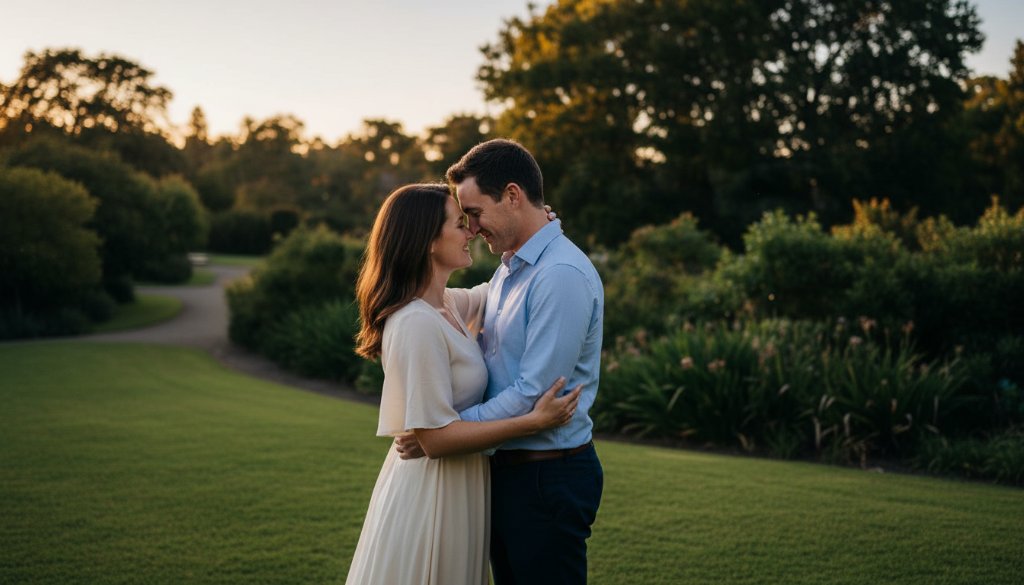 A couple embraces tenderly at sunset amidst lush gardens, captured in a cinematic 'epic moment' photograph for romantic pre-wedding photography Doncaster Hillcrest Gardens.