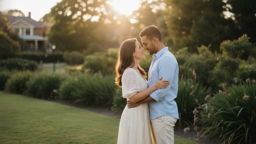 A couple shares a romantic candid moment during their pre-wedding photography in Gardenvale, Victoria, bathed in dramatic golden hour light near a vintage-style cafe, showcasing their genuine connection.