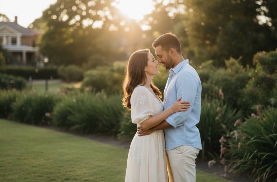 A couple shares a romantic candid moment during their pre-wedding photography in Gardenvale, Victoria, bathed in dramatic golden hour light near a vintage-style cafe, showcasing their genuine connection.