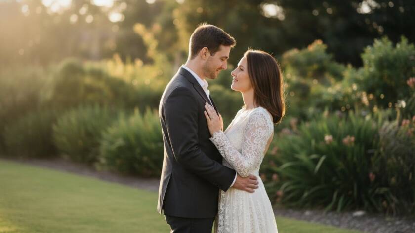 An epic, emotionally resonant photograph capturing a couple in a tender embrace during their romantic pre-wedding photography in Huntingdale parklands, bathed in golden hour light, with lush greenery in the background, exuding love and anticipation.