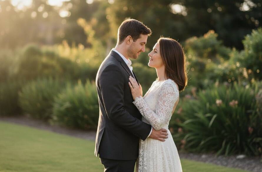 An epic, emotionally resonant photograph capturing a couple in a tender embrace during their romantic pre-wedding photography in Huntingdale parklands, bathed in golden hour light, with lush greenery in the background, exuding love and anticipation.