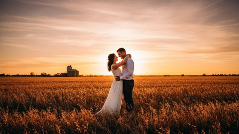 An epic, emotionally resonant photograph capturing romantic pre-wedding photography Huntly Victoria rustic elegance, featuring a couple embracing passionately at sunset in a golden field with the historic Huntly silos subtly in the background, dramatic golden hour light, professional colour grading.