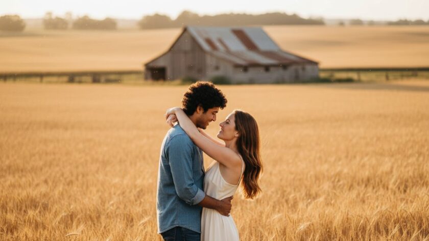 A couple embraces passionately amidst the golden hour glow in Miners Rest, showcasing romantic pre-wedding photography Miners Rest rustic charm, with a rustic barn and rolling hills in the background, captured in an epic, professionally lit moment.