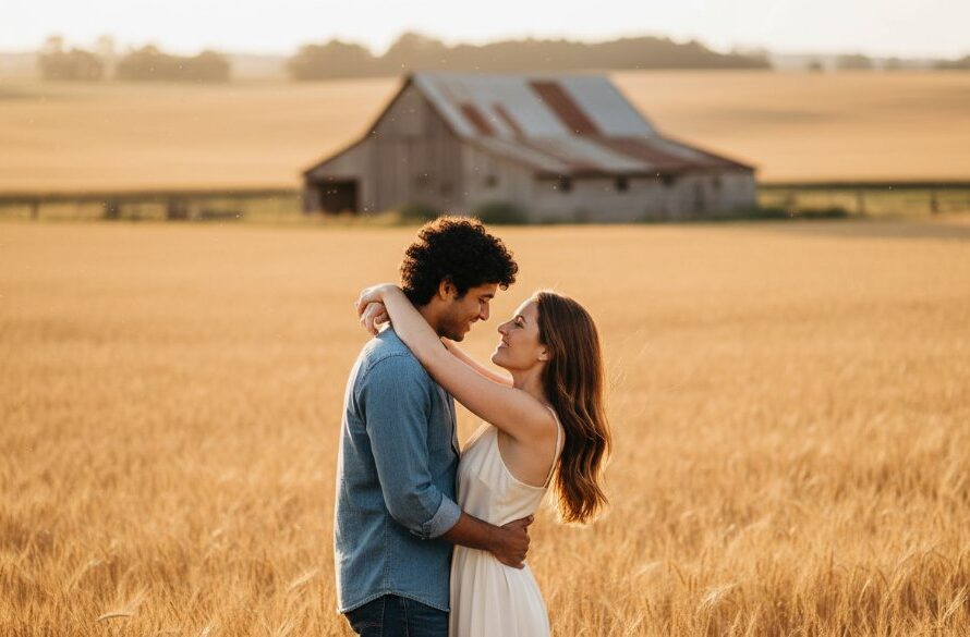 A couple embraces passionately amidst the golden hour glow in Miners Rest, showcasing romantic pre-wedding photography Miners Rest rustic charm, with a rustic barn and rolling hills in the background, captured in an epic, professionally lit moment.